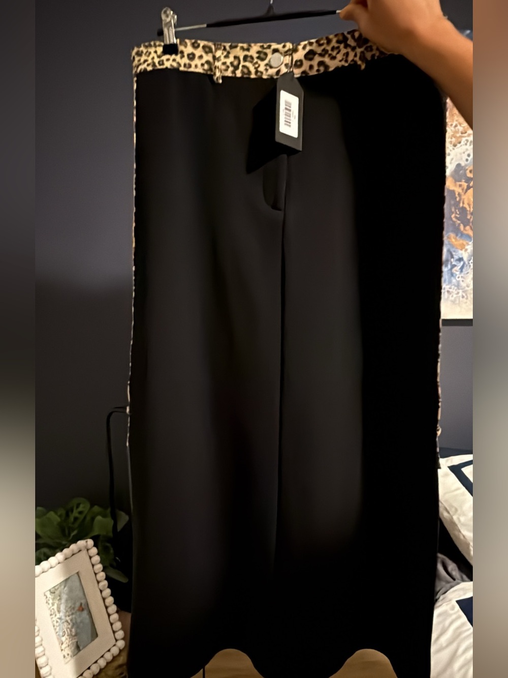 Aleeza Paris NWT L Black Women's skirt with Leopard Trim on waist and sides